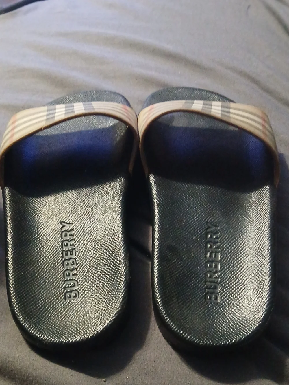 Burberry Black Slides with Beige Check Strap